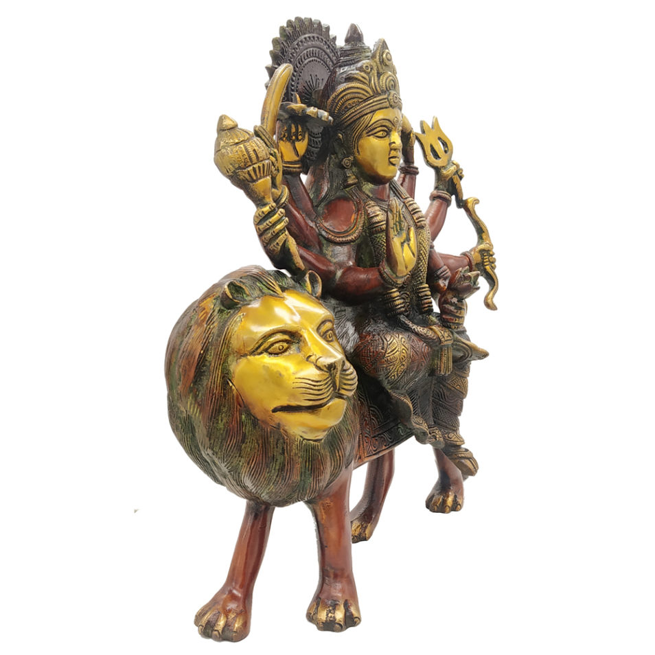 Brass Goddess Durga Sitting on Lion Hindu Religious