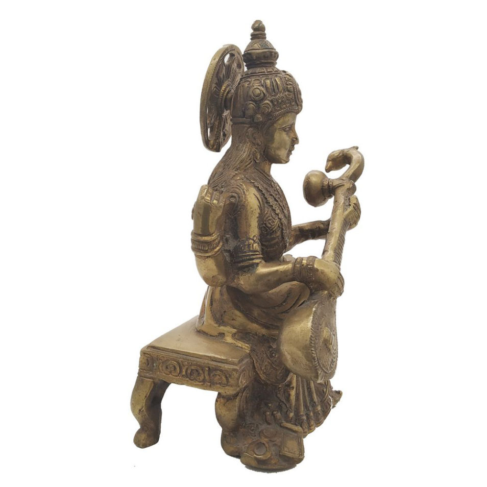 Brass Saraswati  Statue Goddess Idol Wealth Prosperity Hindu Religious