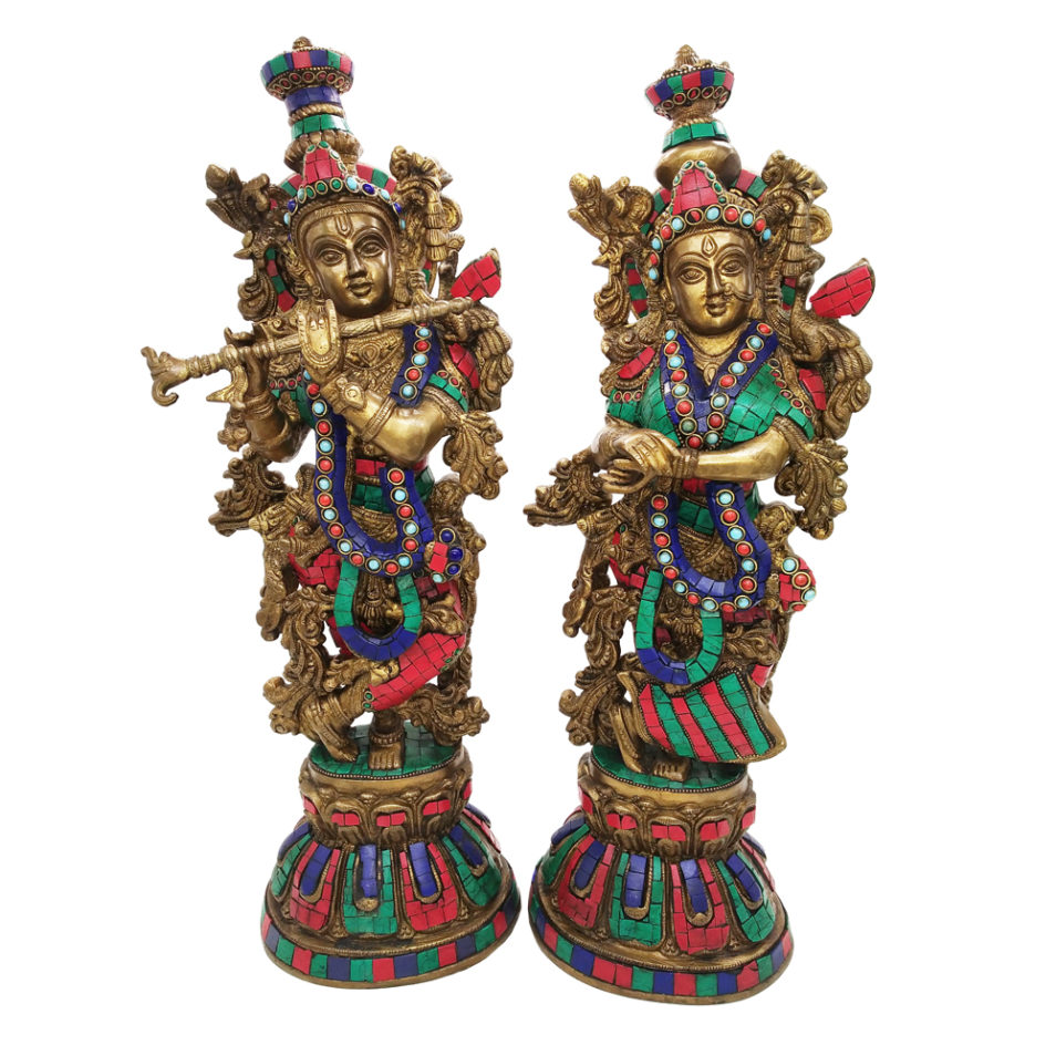 Brass Radha Krishna With Stone Work Statue Love Couple Hindu Religious