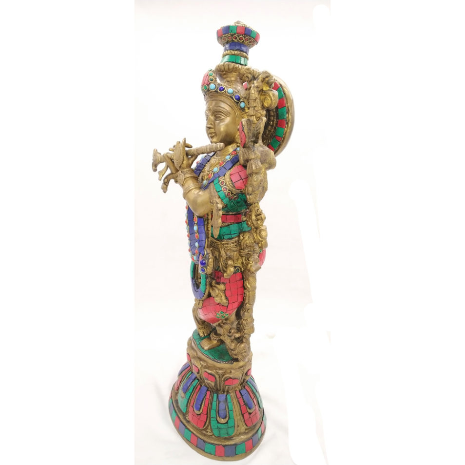 Brass Radha Krishna With Stone Work Statue Love Couple Hindu Religious