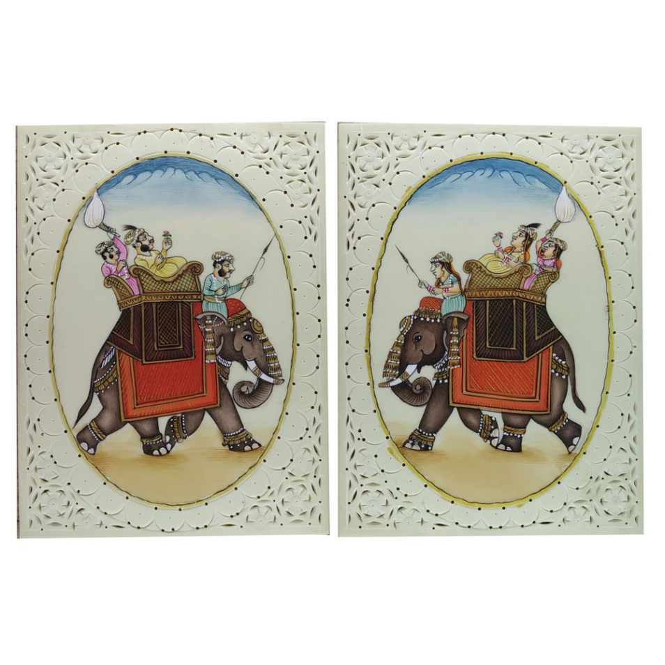 Painting Elephant sitting on king Pair Handmade Miniature Artwork water color resin tile 4X3