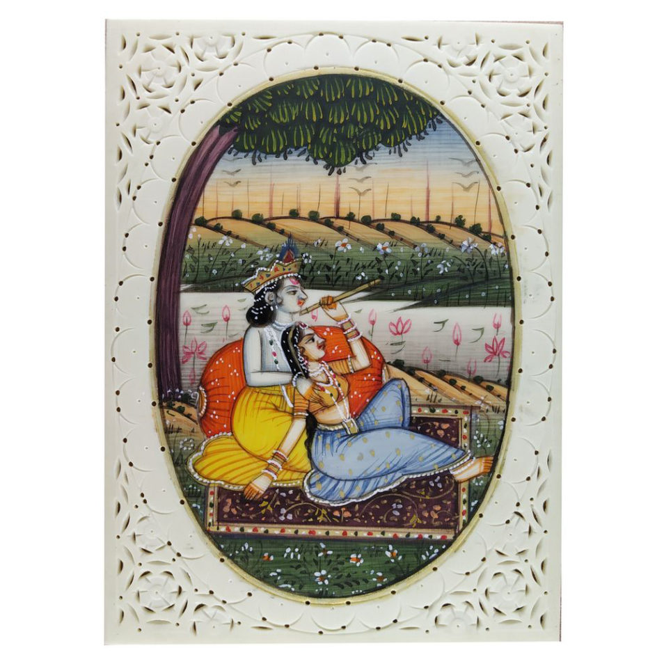 Painting Radha Krishna Handmade Miniature Artwork water color resin tile 4X3