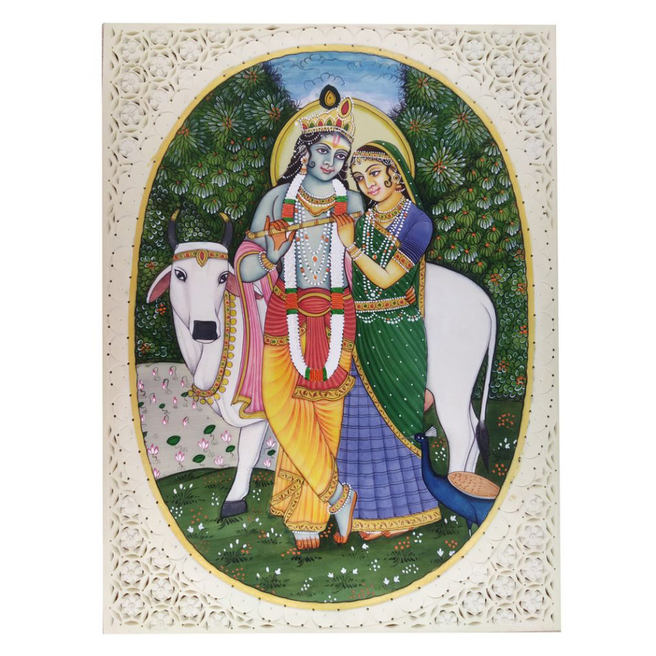 Painting Radha Krishna With Cow Handmade Miniature Artwork water color resin tile 6X8