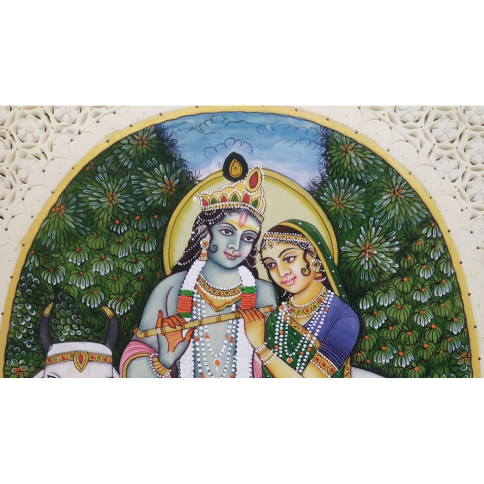 Painting Radha Krishna With Cow Handmade Miniature Artwork water color resin tile 6X8