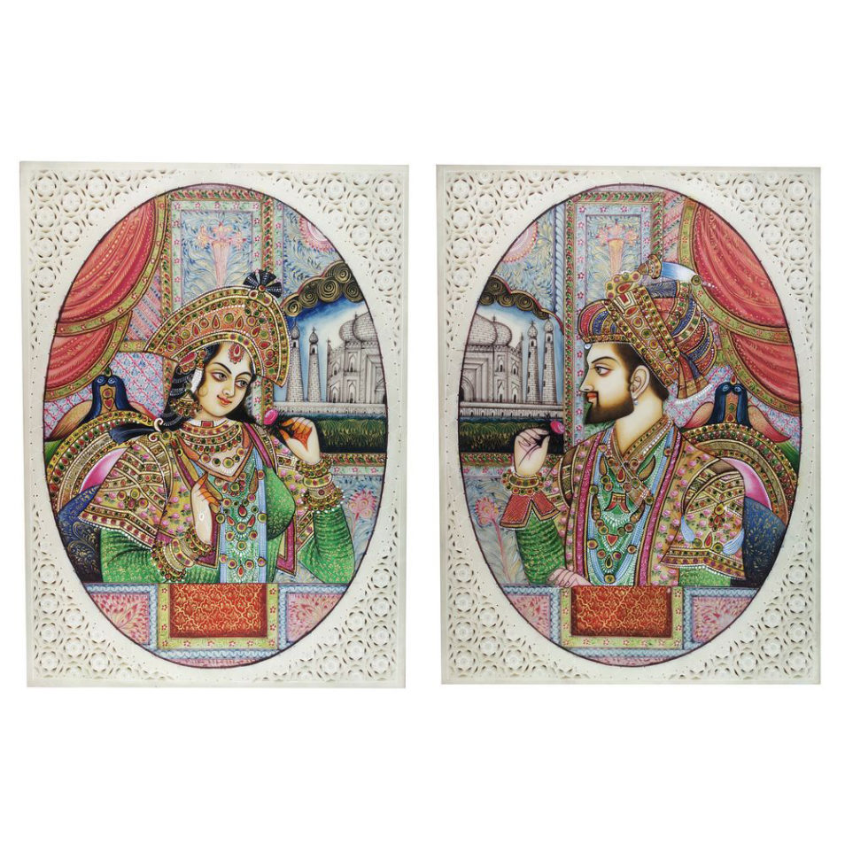 Painting Shajahan Mumtaj Pair Handmade Miniature Artwork water color resin tile 6X8