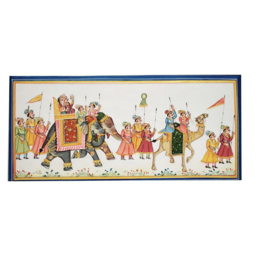 Painting Handmade Silk Febric Procession Miniature Artwork Water color 12 X 5