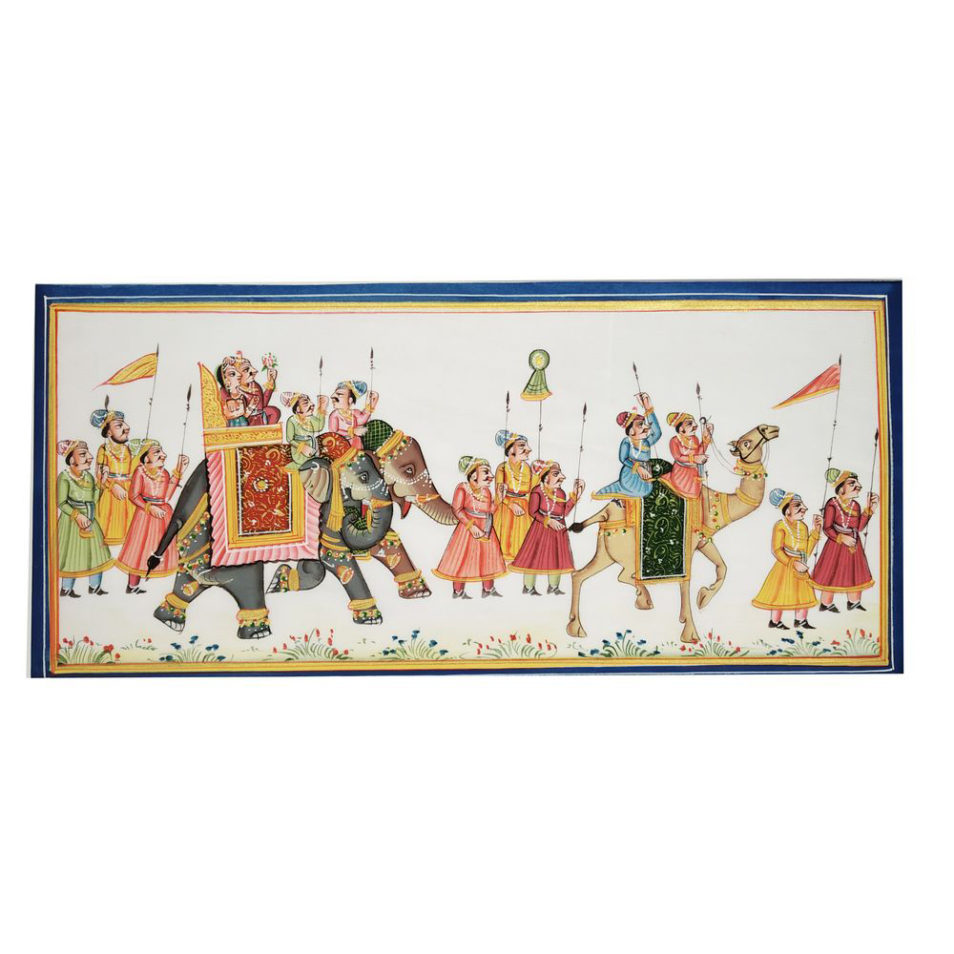 Painting Handmade Silk Febric Procession Miniature Artwork Water color 12 X 5